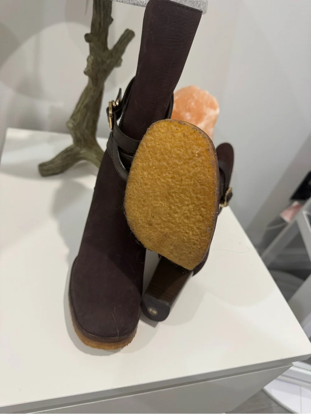 Tory Burch Dark Brown Suede Mid-Calf Heeled Boots with Wrap Strap
